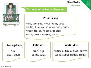 Porto Editora
Possessivos
meu, teu, seu, meus, teus, seus
minha, tua, sua, minhas, tuas, suas
nosso, nossa, nossos, nossas
vosso, vossa, vossos, vossas
Indefinidos
outro, outra, outros, outras
certo, certa, certos, certas
Interrogativos
que,
qual, quais
Relativos
cujo, cuja
cujos, cujas
Os determinantes podem ser:
 