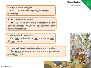 Porto Editora
 da pronominalização
Ex.: Li um livro; de seguida, fechei-o e
arrumei-o.
 da substituição lexical
Ex.: Os livros são mais interessantes do
que os filmes; de facto, as películas são
pouco expressivas.
 da repetição intencional
Ex.: Leio muitos livros: leio romances, leio
BD, leio poesia…
 do uso interdependente dos tempos verbais
Ex.: Lembro-me que aos quinze anos li um livro
que já lera antes.
 