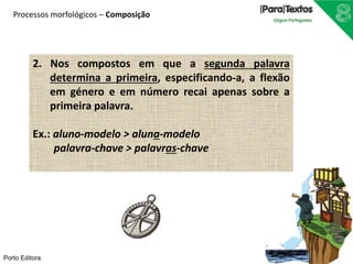 Processos morfológicos – Composição 
2. Nos compostos em que a segunda palavra 
Porto Editora 
determina a primeira, especificando-a, a flexão 
em género e em número recai apenas sobre a 
primeira palavra. 
Ex.: aluno-modelo > aluna-modelo 
palavra-chave > palavras-chave 
 