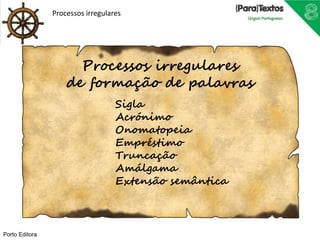 Processos irregulares 
Processos irregulares 
de formação de palavras 
Sigla 
Acrónimo 
Onomatopeia 
Empréstimo 
Truncação 
Amálgama 
Extensão semântica 
Porto Editora 
 