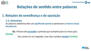 Relações de sentido entre palavras
1. Relações de semelhança e de oposição
1.2. Antonímia
As palavras antónimas têm um significado oposto e pertencem à mesma classe
de palavras.
Ex.: Preciso de esconder a prenda que comprei para os meus pais.
(Verbo)
Vou contar-te um segredo, mas não o podes revelar! (Verbo)
 