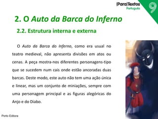 Porto Editora
2. O Auto da Barca do Inferno
2.2. Estrutura interna e externa
O Auto da Barca do Inferno, como era usual no
teatro medieval, não apresenta divisões em atos ou
cenas. A peça mostra-nos diferentes personagens-tipo
que se sucedem num cais onde estão ancoradas duas
barcas. Deste modo, este auto não tem uma ação única
e linear, mas um conjunto de miniações, sempre com
uma personagem principal e as figuras alegóricas do
Anjo e do Diabo.
 