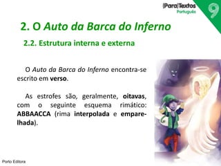 Porto Editora
2. O Auto da Barca do Inferno
2.2. Estrutura interna e externa
O Auto da Barca do Inferno encontra-se
escrito em verso.
As estrofes são, geralmente, oitavas,
com o seguinte esquema rimático:
ABBAACCA (rima interpolada e empare-
lhada).
 