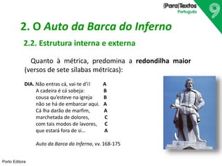 Porto Editora
2. O Auto da Barca do Inferno
2.2. Estrutura interna e externa
Quanto à métrica, predomina a redondilha maior
(versos de sete sílabas métricas):
DIA. Não entras cá, vai-te d’i! A
A cadeira é cá sobeja: B
cousa qu’esteve na igreja B
não se há de embarcar aqui. A
Cá lha darão de marfim, A
marchetada de dolores, C
com tais modos de lavores, C
que estará fora de si… A
Auto da Barca do Inferno, vv. 168-175
 