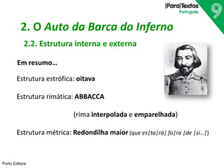 Porto Editora
2. O Auto da Barca do Inferno
2.2. Estrutura interna e externa
Estrutura estrófica: oitava
Estrutura rimática: ABBACCA
(rima interpolada e emparelhada)
Estrutura métrica: Redondilha maior (que es|ta|rá| fo|ra |de |si…|)
Em resumo…
 