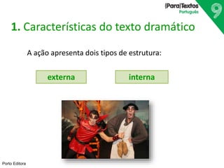 Porto Editora
1. Características do texto dramático
A ação apresenta dois tipos de estrutura:
externa interna
 