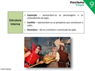Porto Editora
Estrutura
interna
Exposição – apresentam-se as personagens e os
antecedentes da ação;
Conflito – representam-se as peripécias que constituem a
ação;
Desenlace – dá-se a conhecer a conclusão da ação.
 