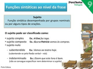 Funções sintáticas ao nível da frase 
Porto Editora 
Sujeito 
Função sintática desempenhada por grupos nominais 
ou por alguns tipos de orações. 
O sujeito pode ser classificado como: 
• sujeito simples Ex.: A Eva faz ioga. 
• sujeito composto Ex.: Eu e a Patrícia vamos às compras. 
• sujeito nulo: 
- subentendido Ex.: Vamos ao teatro hoje. 
(subentende-se pela flexão verbal – nós) 
- indeterminado Ex.: Dizem que este livro é bom. 
(não se consegue especificar nem determinar o sujeito) 
 