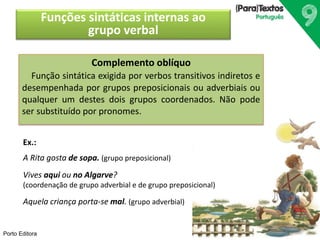Porto Editora 
Funções sintáticas internas ao 
grupo verbal 
Complemento oblíquo 
Função sintática exigida por verbos transitivos indiretos e 
desempenhada por grupos preposicionais ou adverbiais ou 
qualquer um destes dois grupos coordenados. Não pode 
ser substituído por pronomes. 
Ex.: 
A Rita gosta de sopa. (grupo preposicional) 
Vives aqui ou no Algarve? 
(coordenação de grupo adverbial e de grupo preposicional) 
Aquela criança porta-se mal. (grupo adverbial) 
 