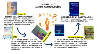 CAPITULO III
MARCO METODOLOGÍCO
DISEÑO DE LA INVESTIGACIÓN.
Posee un diseño de investigación no
experimental, debido a que en este tipo
de diseño y modelación no se manipula
ningún tipo de información variable.
TIPO DE INVESTIGACIÓN.
Es una investigación del tipo de campo,
porque se requiere la búsqueda de
información veraz y sustentable que
ayuden a la realización del diseño y
modelación.
NIVEL DE LA INVESTIGACIÓN.
Es una investigación de nivel proyectivo,
porque implica diseños o creaciones
enfocadas a cubrir una necesidad basada
en conocimientos preexistentes.
MODALIDAD DE LA INVESTIGACIÓN.
Es una investigación que puede
considerarse de modalidad factible.
Tamayo, M.
UPEL Hurtado de Barrera
UPEL
 