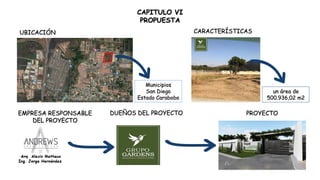 CAPITULO VI
PROPUESTA
UBICACIÓN CARACTERÍSTICAS
Municipios
San Diego
Estado Carabobo
un área de
500.936,02 m2
EMPRESA RESPONSABLE
DEL PROYECTO
PROYECTO
DUEÑOS DEL PROYECTO
 