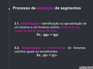 Processo de alteração de segmentos
3.1. Assimilação – identificação ou aproximação de
um fonema a um fonema vizinho, adquirindo os
traços fonéticos desse fonema.
Ex.: ipsu > isso
3.2. Dissimilação – diferenciação de fonemas
vizinhos iguais ou semelhantes.
Ex.: liliu > lírio
 