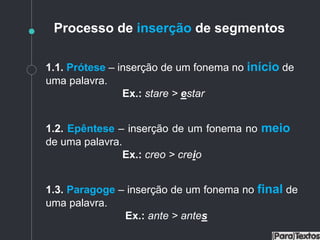 Processo de inserção de segmentos
1.1. Prótese – inserção de um fonema no início de
uma palavra.
Ex.: stare > estar
1.2. Epêntese – inserção de um fonema no meio
de uma palavra.
Ex.: creo > creio
1.3. Paragoge – inserção de um fonema no final de
uma palavra.
Ex.: ante > antes
 