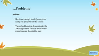School
• Not have enough funds (money) to
carry out projects for the school
• The school funding discussion in the
2015 legislative session must be far
more focused than in the past
…Problems
Main Menu
 