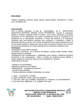 RECURSOS
Tablero, fotocopias, cartulina, tijeras, gomas, papel siluetsa, marcadores, a fiches,
guía de español, etc.
EVALUACION.
Con la reforma educativa, el área de Humanidades de la INSTITUCION
EDUCATIVA DISTRITAL MANUEL ELKIN PATARROYO asumen la evaluación
desde un enfoque cualitativo sobre el modelo socio crítico, valorando los proceso
educativos de los estudiantes, así mismo orientándolos hacia la búsqueda de la
excelencia en un desempeño estudiantil, a través del estímulo y la motivación
constante para auto generar procesos que conduzcan a consolidar y lograr la
dimensión del niño y el joven .Por lo tanto la evaluación que nosotros aplicamos ya no
es una simple medida o prueba sino que es todo un proceso formativo que es clave
en la toma de decisiones. En síntesis planteamos la evaluación cualitativa como:
Estrategias:
-Participación activa dentro de clase.
-El interés y motivación en la solución de talleres, pruebas orales escritas, tareas,
trabajos escritos y grupales.
-Evaluaciones por competencias y habilidades para resolver problemas.-Equilibrio
emocional en las exposiciones orales y manejo de Auditorio.-buenos hábitos y
mucho respeto por el aula de clase, por sus compañeros y docente.
Observación en el aula:
-Trabajo en el aula-Debates
Preguntas y ejercicios en el tablero
-Planteamiento y análisis de problemas
--Cuaderno del estudiante:
--Pruebas objetivas y trabajos individuales o en grupo.
1. ¿Qué te pareció la jornada?
2. ¿Qué comentarios tienes sobre los sentidos?
3. ¿Por qué crees que el trabajo cooperativo te favorece a ti personalmente?
4. ¿Con que nota calificarías a tu profesor?, Por qué?
INSTITUCIÓN EDUCATIVA COMUNITARIA DISTRITAL
MANUEL ELKIN PATARROYO
RESOLUCIÓN 000501 DEL 31 DE MAYO DEL 2.006
NIT: 802.007548-5 - DANE: 108001074674
 