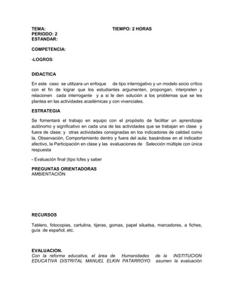 TEMA: TIEMPO: 2 HORAS
PERIODO: 2
ESTANDAR:
COMPETENCIA:
-LOGROS:
DIDACTICA
En este caso se utilizara un enfoque de tipo interrogativo y un modelo socio crítico
con el fin de lograr que los estudiantes argumenten, propongan, interpreten y
relacionen cada interrogante y a si le den solución a los problemas que se les
plantea en las actividades académicas y con vivenciales.
ESTRATEGIA
Se fomentará el trabajo en equipo con el propósito de facilitar un aprendizaje
autónomo y significativo en cada una de las actividades que se trabajan en clase y
fuera de clase; y otras actividades consignadas en los indicadores de calidad como
la, Observación, Comportamiento dentro y fuera del aula; basándose en el indicador
afectivo, la Participación en clase y las evaluaciones de Selección múltiple con única
respuesta
- Evaluación final (tipo Icfes y saber
PREGUNTAS ORIENTADORAS
AMBIENTACIÓN
RECURSOS
Tablero, fotocopias, cartulina, tijeras, gomas, papel siluetsa, marcadores, a fiches,
guía de español, etc.
EVALUACION.
Con la reforma educativa, el área de Humanidades de la INSTITUCION
EDUCATIVA DISTRITAL MANUEL ELKIN PATARROYO asumen la evaluación
 