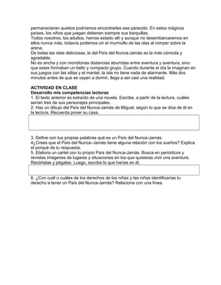 permanecieran quietos podríamos encontrarles ese parecido. En estos mágicos
países, los niños que juegan detienen siempre sus barquillas.
Todos nosotros, los adultos, hemos estado allí y aunque no desembarcaremos en
ellos nunca más, todavía podemos oír el murmullo de las olas al romper sobre la
arena.
De todas las islas deliciosas, la del País del Nunca-Jamás es la más cómoda y
agradable.
No es ancha y con monótonas distancias aburridas entre aventura y aventura, sino
que estas formaban un bello y compacto grupo. Cuando durante el día la imaginan en
sus juegos con las sillas y el mantel, la isla no tiene nada de alarmante. Más dos
minutos antes de que se vayan a dormir, llega a ser casi una realidad.
ACTIVIDAD EN CLASE
Desarrollo mis competencias lectoras
1. El texto anterior es extraído de una novela. Escribe, a partir de la lectura, cuáles
serían tres de sus personajes principales.
2. Haz un dibujo del País del Nunca-Jamás de Miguel, según lo que se dice de él en
la lectura. Recuerda poner su casa.
3. Define con tus propias palabras qué es un País del Nunca-Jamás.
4¿Crees que el País del Nunca–Jamás tiene alguna relación con los sueños? Explica
el porqué de tu respuesta.
5. Elabora un cartel con tu propio País del Nunca-Jamás. Busca en periódicos y
revistas imágenes de lugares y situaciones en los que quisieras vivir una aventura.
Recórtalas y pégalas. Luego, escribe lo que harías en él.
6. ¿Con cuál o cuáles de los derechos de los niñas y las niñas identificarías tu
derecho a tener un País del Nunca-Jamás? Relaciona con una línea.
 