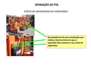 PONTO DE ANCORAGEM NA PLATAFORMA
Na plataforma há uma sinalização que
indica o local correto em que o
operador deve ancorar o seu cinto de
segurança.
OPERAÇÃO DE PTA
 