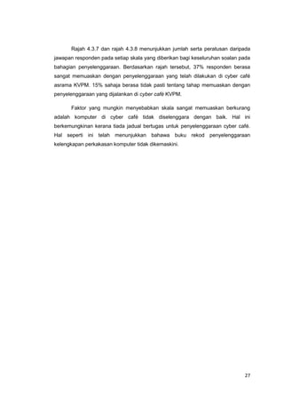 27
Rajah 4.3.7 dan rajah 4.3.8 menunjukkan jumlah serta peratusan daripada
jawapan responden pada setiap skala yang diberikan bagi keseluruhan soalan pada
bahagian penyelenggaraan. Berdasarkan rajah tersebut, 37% responden berasa
sangat memuaskan dengan penyelenggaraan yang telah dilakukan di cyber café
asrama KVPM. 15% sahaja berasa tidak pasti tentang tahap memuaskan dengan
penyelenggaraan yang dijalankan di cyber café KVPM.
Faktor yang mungkin menyebabkan skala sangat memuaskan berkurang
adalah komputer di cyber café tidak diselenggara dengan baik. Hal ini
berkemungkinan kerana tiada jadual bertugas untuk penyelenggaraan cyber café.
Hal seperti ini telah menunjukkan bahawa buku rekod penyelenggaraan
kelengkapan perkakasan komputer tidak dikemaskini.
 