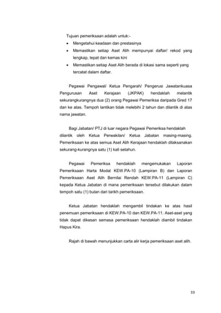 33
Tujuan pemeriksaan adalah untuk:-
 Mengetahui keadaan dan prestasinya
 Memastikan setiap Aset Alih mempunyai daftar/ rekod yang
lengkap, tepat dan kemas kini
 Memastikan setiap Aset Alih berada di lokasi sama seperti yang
tercatat dalam daftar.
Pegawai Pengawal/ Ketua Pengarah/ Pengerusi Jawatankuasa
Pengurusan Aset Kerajaan (JKPAK) hendaklah melantik
sekurangkurangnya dua (2) orang Pegawai Pemeriksa daripada Gred 17
dan ke atas. Tempoh lantikan tidak melebihi 2 tahun dan dilantik di atas
nama jawatan.
Bagi Jabatan/ PTJ di luar negara Pegawai Pemeriksa hendaklah
dilantik oleh Ketua Perwakilan/ Ketua Jabatan masing-masing.
Pemeriksaan ke atas semua Aset Alih Kerajaan hendaklah dilaksanakan
sekurang-kurangnya satu (1) kali setahun.
Pegawai Pemeriksa hendaklah mengemukakan Laporan
Pemeriksaan Harta Modal KEW.PA-10 (Lampiran B) dan Laporan
Pemeriksaan Aset Alih Bernilai Rendah KEW.PA-11 (Lampiran C)
kepada Ketua Jabatan di mana pemeriksaan tersebut dilakukan dalam
tempoh satu (1) bulan dari tarikh pemeriksaan.
Ketua Jabatan hendaklah mengambil tindakan ke atas hasil
penemuan pemeriksaan di KEW.PA-10 dan KEW.PA-11. Aset-aset yang
tidak dapat dikesan semasa pemeriksaan hendaklah diambil tindakan
Hapus Kira.
Rajah di bawah menunjukkan carta alir kerja pemeriksaan aset alih.
 