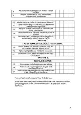 47
8
Aduan kerosakan penggunaan internet diambil
tindakan
9
Tempoh masa tindakan yang diambil untuk
membaikpulih disegerekan
10 Adakah berkesan dalam tindakan yang dijalankan?
11
Perkhidmatan rangkaian internet yang disediakan
sentiasa boleh digunakan
12
Kelajuan internet dalam memuat turun sesuatu
bahan memuaskan.
13
Tahap keselamatan komputer dari serangan virus
terkawal.
14
Kepuasan dalam penggunaan rangkaian internet
sedia ada di cyber café asrama KVPM.
BAHAGIAN C
PENGGUNAAN SISTEM APLIKASI DAN PERISIAN
15
Sistem aplikasi dan perisian (software) yang ada
berfungsi dan berjalan dengan lancar.
16 Aplikasi yang sedia ada membantu pengguna.
17
Software antivirus boleh digunakan dan sentiasa
dikemaskini
BAHAGIAN D
PENYELENGGARAAN
18 Komputer perlu diselenggara secara berkala
19
Pelaksanaan penyelenggaraan di cyber café
asrama memuaskan
20
Pelaksanaan penyelenggaraan yang dilaksanakan
boleh mengurangkan kerosakan
Terima Kasih Atas Kerjasama Yang Anda Berikan.
Pihak kami amat menghargai maklumbalas anda untuk memperbaiki kualiti
penyelenggaraan sistem kompter dan rangkaian di cyber café asrama
KVPM ini.
 
