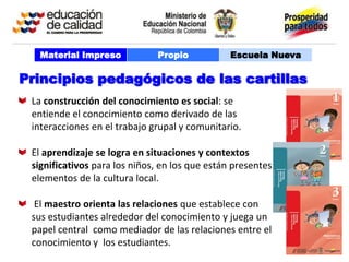 Material Impreso           Propio            Escuela Nueva

Principios pedagógicos de las cartillas
 La construcción del conocimiento es social: se
 entiende el conocimiento como derivado de las
 interacciones en el trabajo grupal y comunitario.

 El aprendizaje se logra en situaciones y contextos
 significativos para los niños, en los que están presentes
 elementos de la cultura local.

  El maestro orienta las relaciones que establece con
 sus estudiantes alrededor del conocimiento y juega un
 papel central como mediador de las relaciones entre el
 conocimiento y los estudiantes.
 