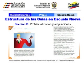 Material Impreso                                      Propio                            Escuela Nueva

Estructura de las Guías en Escuela Nueva
            Sección B: Problematización y ampliaciones




  Tomado de Ministerio de Educación Nacional (2011). Escuela nueva 3: Lenguaje. Bogotá, D.C., Colombia: Imprenta Nacional.
 