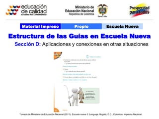 Material Impreso                                   Propio                          Escuela Nueva

Estructura de las Guías en Escuela Nueva
 Sección D: Aplicaciones y conexiones en otras situaciones




   Tomado de Ministerio de Educación Nacional (2011). Escuela nueva 3: Lenguaje. Bogotá, D.C., Colombia: Imprenta Nacional.
 