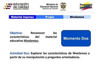 Material Impreso         Propio            Nivelemos




Objetivo:       Reconocer      las
características    del    material
                                      Momento Dos
educativo Nivelemos.


Actividad Dos: Explorar las características de Nivelemos a
partir de su manipulación y preguntas orientadoras.
 