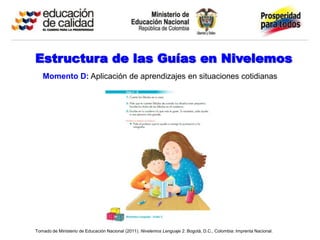 Estructura de las Guías en Nivelemos
   Momento D: Aplicación de aprendizajes en situaciones cotidianas




Tomado de Ministerio de Educación Nacional (2011). Nivelemos Lenguaje 2. Bogotá, D.C., Colombia: Imprenta Nacional.
 