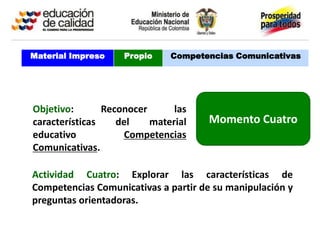 Material Impreso    Propio    Competencias Comunicativas




Objetivo:       Reconocer      las
características    del    material   Momento Cuatro
educativo            Competencias
Comunicativas.

Actividad Cuatro: Explorar las características de
Competencias Comunicativas a partir de su manipulación y
preguntas orientadoras.
 