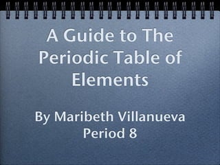 A Guide to The
Periodic Table of
    Elements
By Maribeth Villanueva
       Period 8
 
