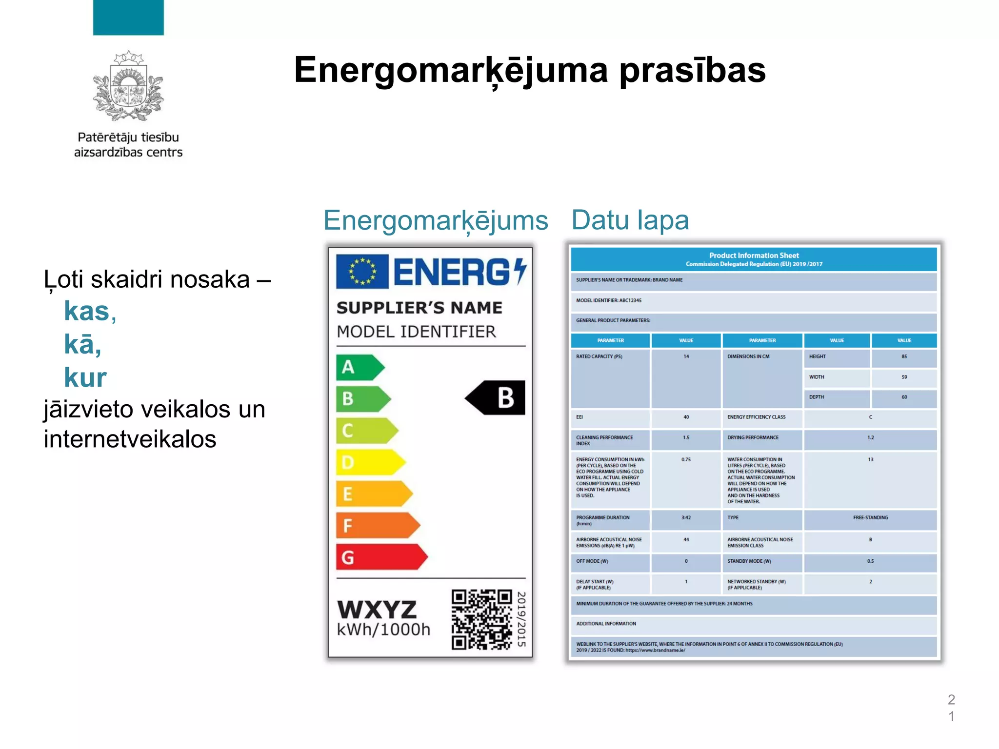 Energomarķējums Datu lapa
2
1
Ļoti skaidri nosaka –
kas,
kā,
kur
jāizvieto veikalos un
internetveikalos
Energomarķējuma prasības
 