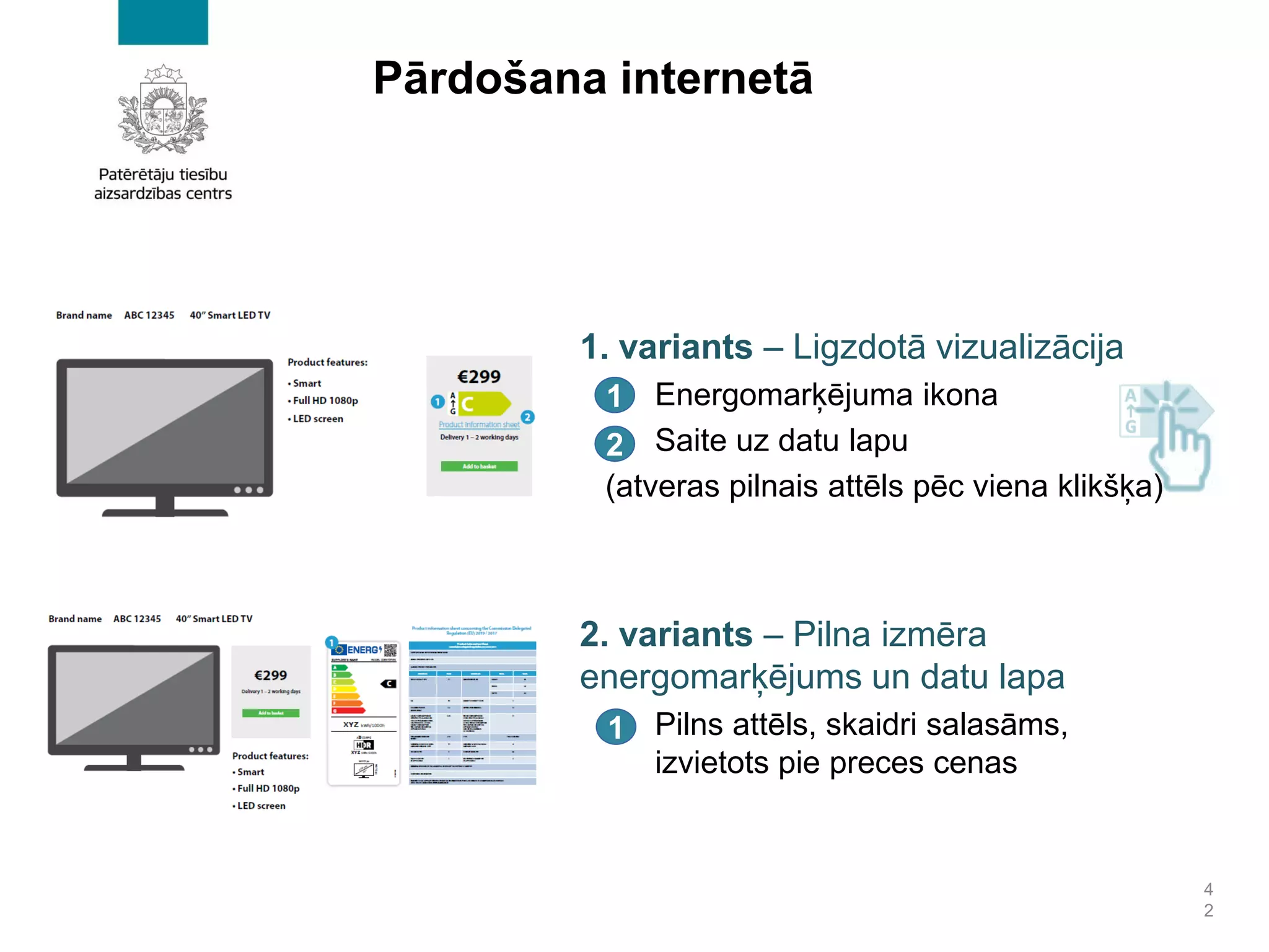 Pārdošana internetā
1. variants – Ligzdotā vizualizācija
Energomarķējuma ikona
Saite uz datu lapu
(atveras pilnais attēls pēc viena klikšķa)
2. variants – Pilna izmēra
energomarķējums un datu lapa
Pilns attēls, skaidri salasāms,
izvietots pie preces cenas
4
2
1
2
1
 