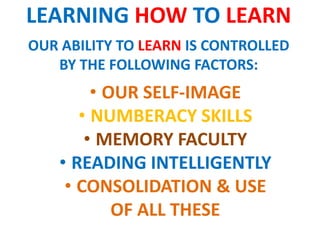 LEARNING HOW TO LEARN
OUR ABILITY TO LEARN IS CONTROLLED
   BY THE FOLLOWING FACTORS:
         • OUR SELF-IMAGE
       • NUMBERACY SKILLS
        • MEMORY FACULTY
    • READING INTELLIGENTLY
     • CONSOLIDATION & USE
            OF ALL THESE
 
