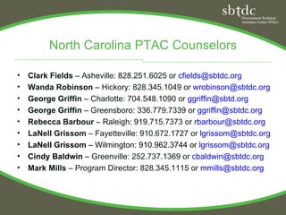 North Carolina PTAC Counselors

•   Clark Fields – Asheville: 828.251.6025 or cfields@sbtdc.org
•   Wanda Robinson – Hickory: 828.345.1049 or wrobinson@sbtdc.org
•   George Griffin – Charlotte: 704.548.1090 or ggriffin@sbtd.org
•   George Griffin – Greensboro: 336.779.7339 or ggriffin@sbtdc.org
•   Rebecca Barbour – Raleigh: 919.715.7373 or rbarbour@sbtdc.org
•   LaNell Grissom – Fayetteville: 910.672.1727 or lgrissom@sbtdc.org
•   LaNell Grissom – Wilmington: 910.962.3744 or lgrissom@sbtdc.org
•   Cindy Baldwin – Greenville: 252.737.1369 or cbaldwin@sbtdc.org
•   Mark Mills – Program Director: 828.345.1115 or mmills@sbtdc.org
 