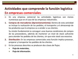 Actividades que comprende la función logística
En empresas comerciales
    En una empresa comercial las actividades logísticas son menos
     numerosas que en el caso de las empresas industriales.
1.   Compras de mercaderías (Aprovisionamiento): Dentro de esta actividad
     se incluye la realización de los pedidos, el transporte y el almacenaje de
     los productos que la empresa va a vender a sus clientes.
     Su misión fundamental es conseguir unas buenas condiciones de compra
     de los proveedores, además de mantener un nivel de stock suficiente
     para atender los pedidos de los clientes, sin que este stock sea excesivo.
2.   Distribución: En las empresas comerciales esta función implica procesar,
     preparar y transportar los pedidos de los clientes.
    En los procesos descritos se producen dos clases de flujos:
        Flujo de materiales,
        Flujo de información.
                                                                             15
 