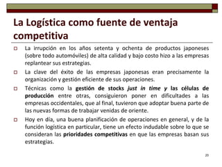 La Logística como fuente de ventaja
competitiva
   La irrupción en los años setenta y ochenta de productos japoneses
    (sobre todo automóviles) de alta calidad y bajo costo hizo a las empresas
    replantear sus estrategias.
   La clave del éxito de las empresas japonesas eran precisamente la
    organización y gestión eficiente de sus operaciones.
   Técnicas como la gestión de stocks just in time y las células de
    producción entre otras, consiguieron poner en dificultades a las
    empresas occidentales, que al final, tuvieron que adoptar buena parte de
    las nuevas formas de trabajar venidas de oriente.
   Hoy en día, una buena planificación de operaciones en general, y de la
    función logística en particular, tiene un efecto indudable sobre lo que se
    consideran las prioridades competitivas en que las empresas basan sus
    estrategias.

                                                                            20
 