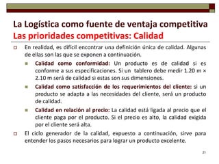 La Logística como fuente de ventaja competitiva
Las prioridades competitivas: Calidad
   En realidad, es difícil encontrar una definición única de calidad. Algunas
    de ellas son las que se exponen a continuación.
        Calidad como conformidad: Un producto es de calidad si es
         conforme a sus especificaciones. Si un tablero debe medir 1.20 m ×
         2.10 m será de calidad si estas son sus dimensiones.
        Calidad como satisfacción de los requerimientos del cliente: si un
         producto se adapta a las necesidades del cliente, será un producto
         de calidad.
        Calidad en relación al precio: La calidad está ligada al precio que el
         cliente paga por el producto. Si el precio es alto, la calidad exigida
         por el cliente será alta.
   El ciclo generador de la calidad, expuesto a continuación, sirve para
    entender los pasos necesarios para lograr un producto excelente.
                                                                             21
 