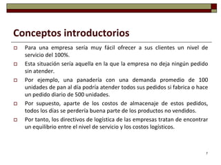 Conceptos introductorios
   Para una empresa sería muy fácil ofrecer a sus clientes un nivel de
    servicio del 100%.
   Esta situación sería aquella en la que la empresa no deja ningún pedido
    sin atender.
   Por ejemplo, una panadería con una demanda promedio de 100
    unidades de pan al día podría atender todos sus pedidos si fabrica o hace
    un pedido diario de 500 unidades.
   Por supuesto, aparte de los costos de almacenaje de estos pedidos,
    todos los días se perdería buena parte de los productos no vendidos.
   Por tanto, los directivos de logística de las empresas tratan de encontrar
    un equilibrio entre el nivel de servicio y los costos logísticos.



                                                                             7
 