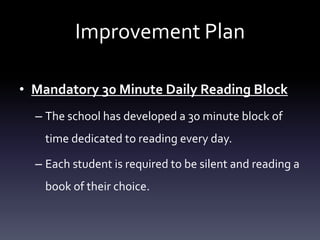 Improvement Plan
• Mandatory 30 Minute Daily Reading Block
– The school has developed a 30 minute block of
time dedicated to reading every day.
– Each student is required to be silent and reading a
book of their choice.
 