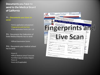I .- Documents you have to send: Online application and payment  Fingerprints and Live Scan PTAL Application Forms L1A - L1E II.- Documents the Federation of State Medical Boards has to send: Official Examination Scores III.- Documents your medical school has to send: Form L2 Official Medical school Transcript Certified copy of medical degree Form L5 Form L6 (if applicable) 