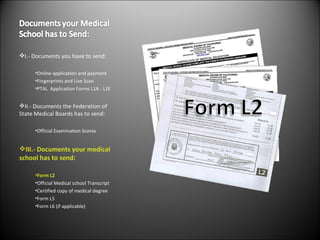 I.- Documents you have to send: Online application and payment  Fingerprints and Live Scan PTAL  Application Forms L1A - L1E II.- Documents the Federation of State Medical Boards has to send: Official Examination Scores III.- Documents your medical school has to send: Form L2 Official Medical school Transcript Certified copy of medical degree Form L5 Form L6 (if applicable) 