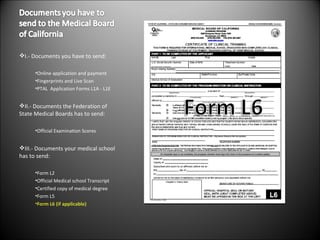 I.- Documents you have to send: Online application and payment  Fingerprints and Live Scan PTAL  Application Forms L1A - L1E II.- Documents the Federation of State Medical Boards has to send: Official Examination Scores III.- Documents your medical school has to send: Form L2 Official Medical school Transcript Certified copy of medical degree Form L5 Form L6 (if applicable) 