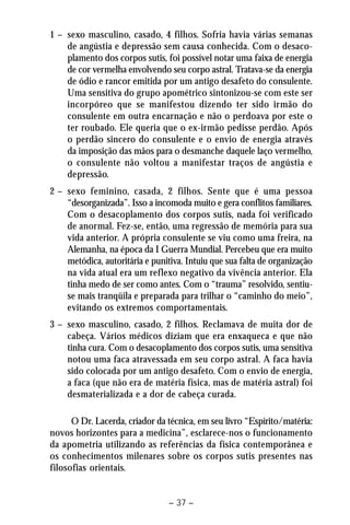 1 – sexo masculino, casado, 4 filhos. Sofria havia várias semanas 
de angústia e depressão sem causa conhecida. Com o desaco-plamento 
dos corpos sutis, foi possível notar uma faixa de energia 
de cor vermelha envolvendo seu corpo astral. Tratava-se da energia 
de ódio e rancor emitida por um antigo desafeto do consulente. 
Uma sensitiva do grupo apométrico sintonizou-se com este ser 
incorpóreo que se manifestou dizendo ter sido irmão do 
consulente em outra encarnação e não o perdoava por este o 
ter roubado. Ele queria que o ex-irmão pedisse perdão. Após 
o perdão sincero do consulente e o envio de energia através 
da imposição das mãos para o desmanche daquele laço vermelho, 
o consulente não voltou a manifestar traços de angústia e 
depressão. 
2 – sexo feminino, casada, 2 filhos. Sente que é uma pessoa 
“desorganizada”. Isso a incomoda muito e gera conflitos familiares. 
Com o desacoplamento dos corpos sutis, nada foi verificado 
de anormal. Fez-se, então, uma regressão de memória para sua 
vida anterior. A própria consulente se viu como uma freira, na 
Alemanha, na época da I Guerra Mundial. Percebeu que era muito 
metódica, autoritária e punitiva. Intuiu que sua falta de organização 
na vida atual era um reflexo negativo da vivência anterior. Ela 
tinha medo de ser como antes. Com o “trauma” resolvido, sentiu-se 
mais tranqüila e preparada para trilhar o “caminho do meio”, 
evitando os extremos comportamentais. 
3 – sexo masculino, casado, 2 filhos. Reclamava de muita dor de 
cabeça. Vários médicos diziam que era enxaqueca e que não 
tinha cura. Com o desacoplamento dos corpos sutis, uma sensitiva 
notou uma faca atravessada em seu corpo astral. A faca havia 
sido colocada por um antigo desafeto. Com o envio de energia, 
a faca (que não era de matéria física, mas de matéria astral) foi 
desmaterializada e a dor de cabeça curada. 
O Dr. Lacerda, criador da técnica, em seu livro “Espírito/matéria: 
novos horizontes para a medicina”, esclarece-nos o funcionamento 
da apometria utilizando as referências da física contemporânea e 
os conhecimentos milenares sobre os corpos sutis presentes nas 
filosofias orientais. 
– 37 – 
 