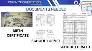 DOCUMENTS NEEDED
PARENTS’ ORIENTATION
S.Y 2023-2024
BIRTH
CERTIFICATE
SCHOOL FORM 9
SCHOOL FORM 10
 
