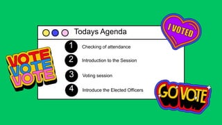 1 Checking of attendance
2 Introduction to the Session
3 Voting session
Todays Agenda
4 Introduce the Elected Officers
 