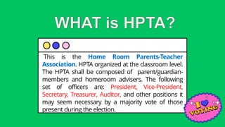 This is the Home Room Parents-Teacher
Association. HPTA organized at the classroom level.
The HPTA shall be composed of parent/guardian-
members and homeroom advisers. The following
set of officers are: President, Vice-President,
Secretary, Treasurer, Auditor, and other positions it
may seem necessary by a majority vote of those
present during the election.
 