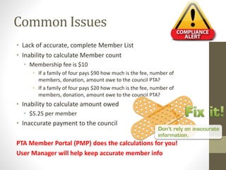 Common Issues
• Lack of accurate, complete Member List
• Inability to calculate Member count
• Membership fee is $10
• If ...