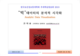 한국보건정보통계학회 추계학술발표회 2013

“빅” 데이터의 분석적 시각화
Analytic Data Visualization
許 明 會

2013.11.29

고려대학교 통계학과 stat420@korea.ac.kr

1

Health Info & Stat

 